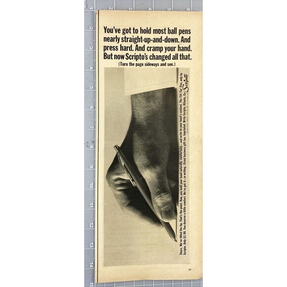 Scripto Ball Pens *We tilted the tip. Now hold your hand naturally Print Ad 1963 - Picture 2 of 3